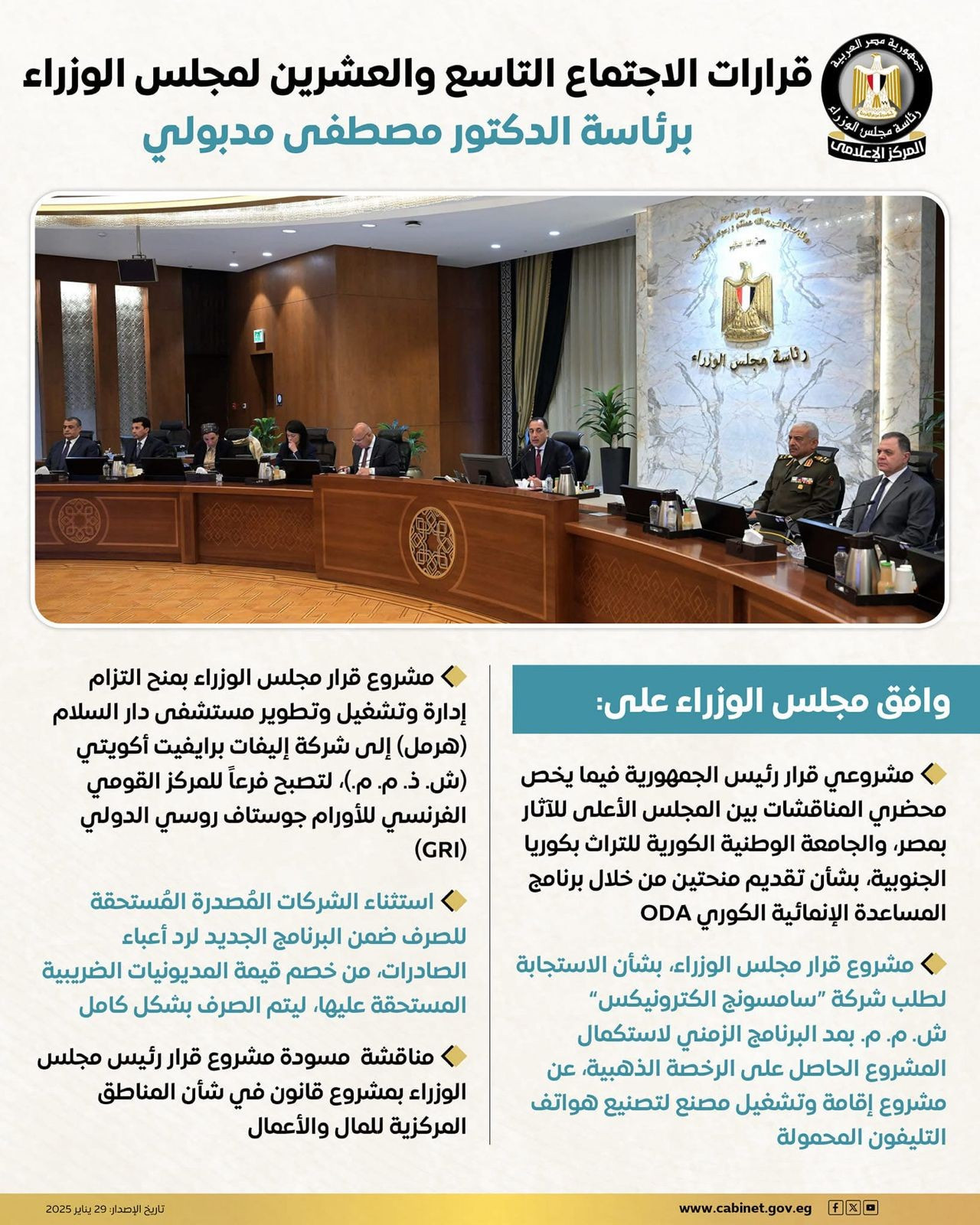 قرارات الاجتماع التاسع والعشرين لمجلس الوزراء برئاسة الدكتور مصطفى مدبولى....